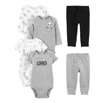 Image of Simple Joys by Carter&#039;s Baby 6 Piece Neutral Bodysuits (Short and Long Sleeve) Pants Set Layette, Black/Grey Text Print/White Llama/Panda, 0 3 Months