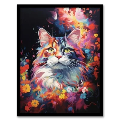 Image of Artery8 Norwegian Forest Cat Lover Gift Pet Portrait Colourful Artwork Painting Framed Wall Art Print A4