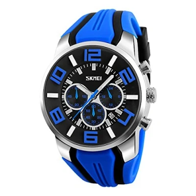 Image of Skmei Mens Big Face Watches YAHE Sports Waterproof Casual Date Calendar Analogue Quartz Wrist Watch with Rubber Band (Blue)