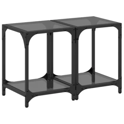 Image of vidaXL Coffee Table 2pcs Set Black Glass Side with Durable Wood &amp; Steel Frame for Living Room/Bedroom 30x30x40 cm