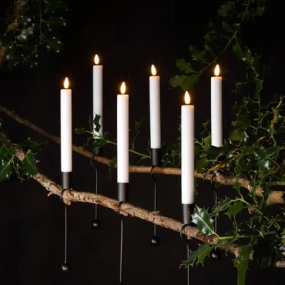 Image of Festive Lights 6 Pack White Christmas Tapered Floating Magic Candles with Black Metal Holder Warm Flickering LEDs Indoor Outdoor Remote Controlled Battery Operated Hanging Decorations