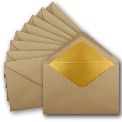 Image of 10 x DIN C5 envelopes 15.7 22.5 cm made from kraft paper in sand brown with golden silk lining wet adhesive blank letter recycled paper, UmWelt series.