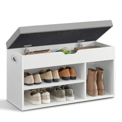 Image of VASAGLE Shoe Bench with Cushion, Storage Padded Seat, 3 Compartments, Hidden Storage, Shelves, Living Room Lounge Hallway Bedroom, Load Capacity 150 kg, Cloud White LHS030W02