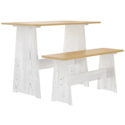 Image of vidaXL Solid Pinewood Dining Table with Bench Honey Brown &amp; White, Indoor/Outdoor Use, Rectangular Design