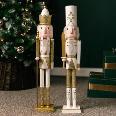 Image of Marco Paul Pair of 70cm White And Golden Nutcracker Soldier Statue Hand painted Christmas Decor 2x Ornaments For Decorations Indoor Xmas Large Wooden
