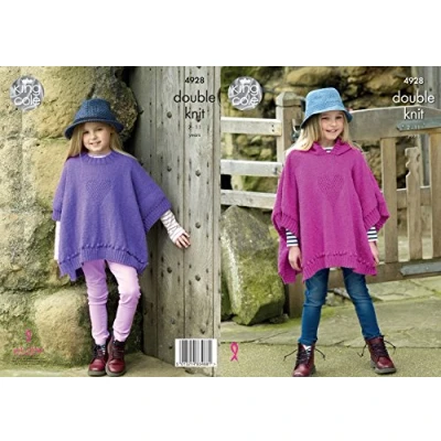 Image of King Cole Kids Double Knitting Pattern Girls Round Neck or Hooded Heart Motif Ponchos (4928)