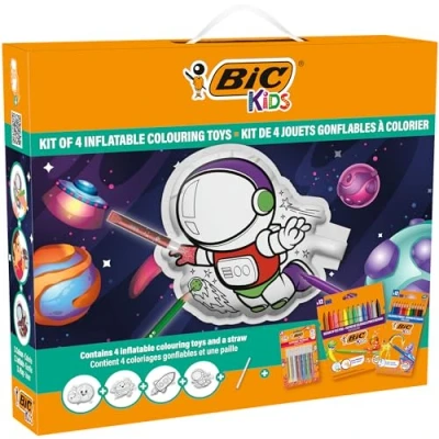 Image of BIC Kids Colouring Inflatable Toys Kit Outer Space Designs 12 Evolution Pencils, Kid Couleur Felt Pens, 6 Glitter Glues, 4 to Colour, Set of 34