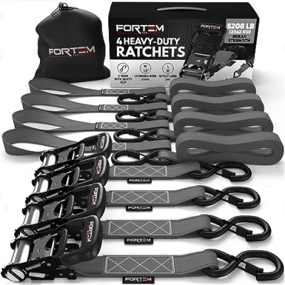 Image of FORTEM Ratchet Tie Down Straps, 2362kg Break Strength, (4) 3.04 Meter Heavy Duty Soft Loops, Rubber Coated Metal Handles, Plastic Hooks, Carrying Bag (Grey)