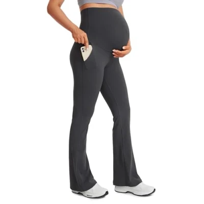 Image of CRZ Yoga Women&#039;s Butterluxe Maternity Flare Leggings with Pockets 31&quot; Buttery Soft Pregnancy Bootcut Belly Support Pants Mysterious Grey 12