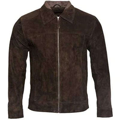 Image of Men&#039;s Retro Brown 100% Goat Suede Leather Harrington Biker Jacket XL