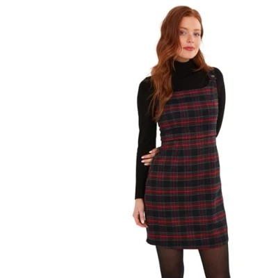 Image of Joe Browns Women&#039;s Fashion Tartan Check Pinafore Mini Dress, Regular Fit, Dark Red, UK 14