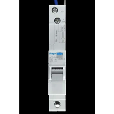 Image of Hager ADN140 AC Class Domestic Electronic RCBO, 1 Pole, Module, Type B, 6 kA Breaking Capacity, 30 mA Sensitivity, 40 A Current