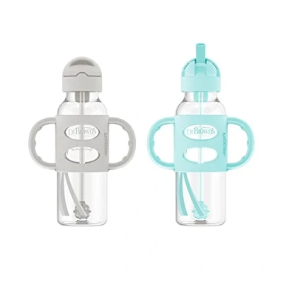 Image of Dr. Brown&#039;s Sippy Straw Bottle with Silicone Handles, Gray &amp; Green, 8 Oz (Pack of 2)