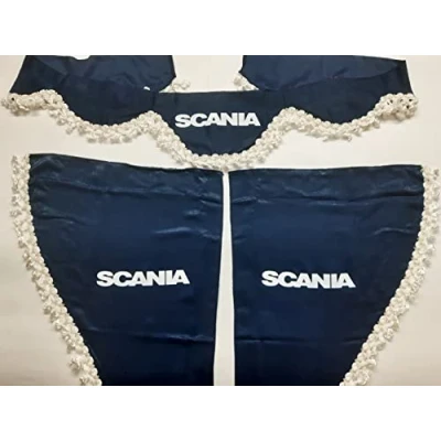 Image of VNVIS Set of 3 Blue Velvet Plush Curtains with White Pom Poms for Scania Trucks