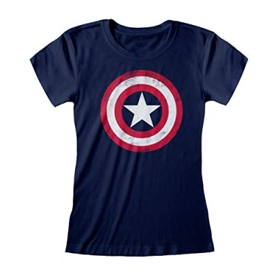 Image of Marvel Avengers Assemble Captain America Distressed Shield Fitted T Shirt, Womens, S 5XL, Navy, Official Merchandise