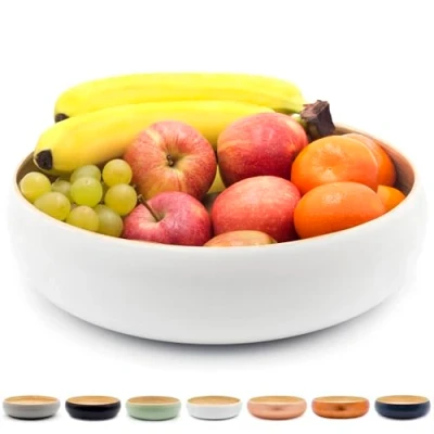 Image of Dehaus® Large Stylish Bamboo Fruit Bowl 30cm, White Wooden Salad Serving Basket for Kitchen or Bread Table Centrepiece Decoration Home &amp; Tableware Accessories