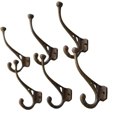 Image of Homezone® 6pc Strong Antique Rustic Brown Cast Iron Wall Mounted Scroll Coat Hooks Home Storage Robust Metal Shed Garage and Hallway Ideal for Tools/Coats/Overalls