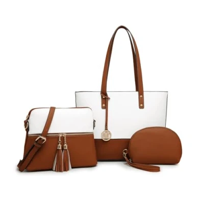 Image of Miss Lulu Women&#039;s Handbag 3 Piece Sets, Large PU Tote Bag,Fashion Lightweight Shoulder Hobos Bag with Wristlet Card Adjustable Pocket (BN/BG)