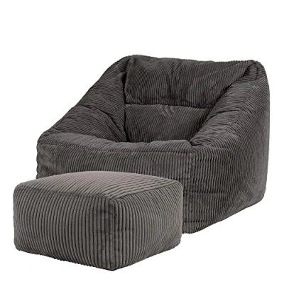 Image of icon Morgan Cord Bean Bag Chair and Footstool, Charcoal Grey, Giant Armchair, Large Bags for Adult with Filling Included, Living Room Furniture Chairs