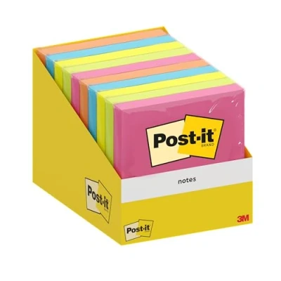 Image of Post it Notes, Assorted Colours, Pack of 10 Pads, 100 Sheets per Pad, 76 mm x mm, Cardboard Pack, 100% PEFC Self stick Notes For Note Taking, To Do Lists &amp; Reminders