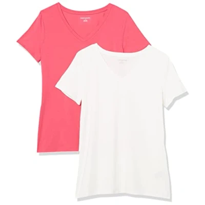 Image of Amazon Essentials Women&#039;s Classic Fit Short Sleeve V Neck T Shirt, Pack of 2, Bright Pink/White, M