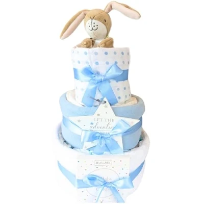Image of Welcome to The World New Baby Boy Gift Blue for Parents &amp; Born 3 Tier Nappy Cake Guess How Much I Love You Hampers