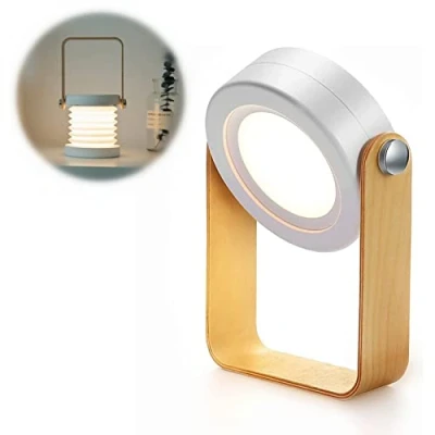 Image of ALLOMN Folding Table Lamp, Multifunctional Reading Light Portable Telescopic Night LED Lantern Lamp with 3 Levels Dimmable Brightness, USB Charging and Wooden Handle