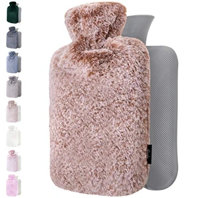 Image of Qomfor Hot Water Bottle with Fluffy Cover Soft Premium Faux Fur 1.8l Large Capacity Bag for Cosy Nights, Pain Relief, Back, Neck and Shoulders Great Gift Women (Dark Brown)