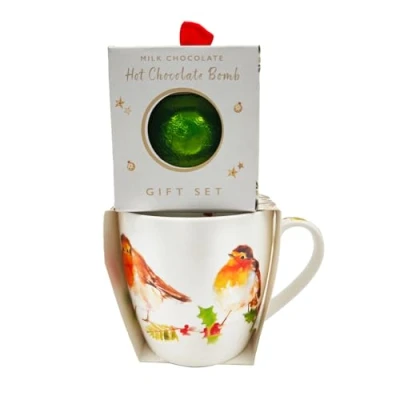 Image of Lesser &amp; Pavey Christmas Winter Robin Mug with Hot Chocolate Bomb Gift Idea for Xmas Themed Mug, UK Design, Drinks, Tea, Coffee Drinkware