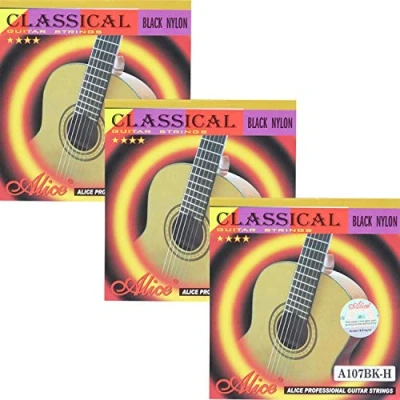 Image of 3 Sets Alice A107BK H Black Nylon Gold Plated Coated Copper Alloy Winding Classical Guitar Strings Hard Tension (.0285 .0325 .041 .030 .036 .044)
