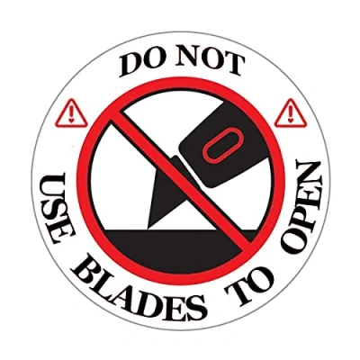 Image of DO NOT USE Blades to Open Warning Labels/Stickers, 3&quot; Round Red/White/Black Sticker, for Shipping, Handling, Packing, and Moving(300 Labels)