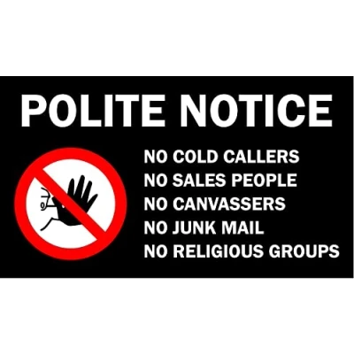Image of Polite notice no cold callers, junk mail, door sign (B) Self adhesive sticker 140mm x 80mm