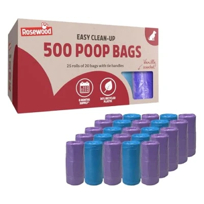Image of Rosewood Dog Poo Bags with Handles 500 Easy Clean Up Poop Bags, 25 Refill Rolls of Waste Tie Handles, Vanilla Scented, Made Recycled Plastic