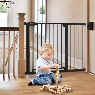 Image of COMOMY 75 110cm Stair Gate for Baby, Auto Close Dog Gates Indoor, Pressure Fit Child Safety Doorway, Wide Pet with Door the House, Metal Extensions (76cm Tall, Black)