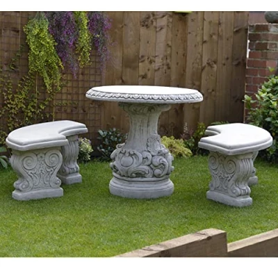 Image of ONEFOLD Garden Table and Bench Set Large Hand Cast Stone Ornament/Home Patio Conservatory Decor
