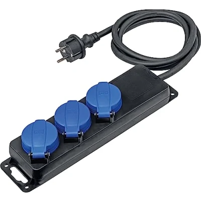 Image of as Schwabe 3 fach Verteilersteckdosenleiste Outdoor Mehrfachstecker mit 1,5 m Leitung Mehrfachsteckdosen 230 V / 16 A Klappdeckel und Wandbefestigung IP44 Schwarz I 38601
