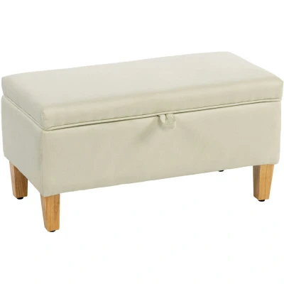 Image of HOMCOM Linen Storage Ottoman Box with Rubberwood Legs, Beige