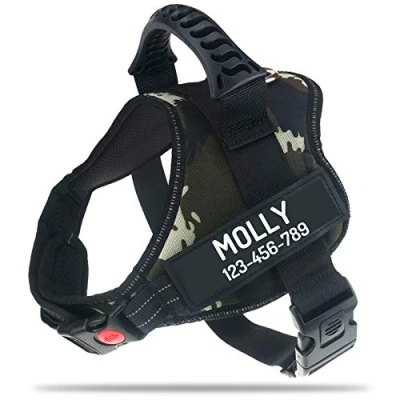 Image of PawPawify Personalised No Pull Dog Harness with Custom Name and Phone Number, Heavy Duty Pet Vest to Prevent Tugging, Pulling, or Choking, Training Walking (Jungle Camo, L Chest 28 38in)
