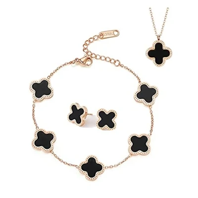 Image of TOFBS Four Leaf Clover Jewellery Set for Women Girls 18K Rose Gold Plated Stainless Steel Double sided Black White Pendant Necklace Stud Earrings Bracelet (Black)