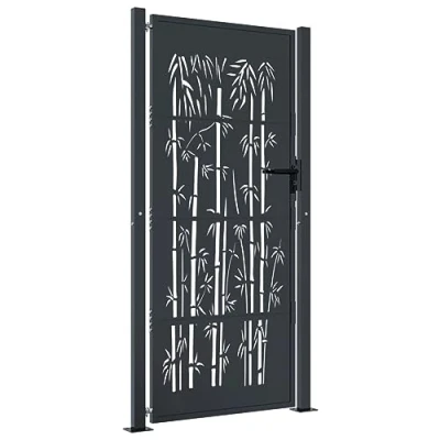 Image of vidaXL Garden Gate Anthracite Steel, 105x180 cm, Driveway Entry, Weather Resistant Bamboo Design, Lockable with 3 Keys