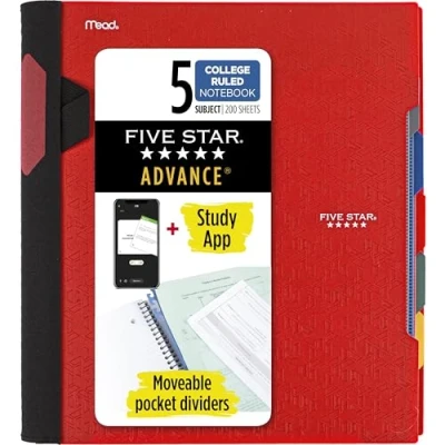 Image of Five Star Spiral Notebook + Study App, 5 Subject, College Ruled Paper, Advance with Guard, Movable Tabbed Dividers and Expanding Pockets, 8 1/2&quot; x 11&quot;, 200 Sheets, Red (73146)