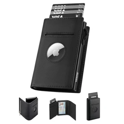 Image of YESIIW Airtag Mens Wallets for Apple Air Tag, RFID Blocking Wallet Leather Men UK, Pop Up Credit Card Holder with Coin Pocket and Money Clip, Gifts Black