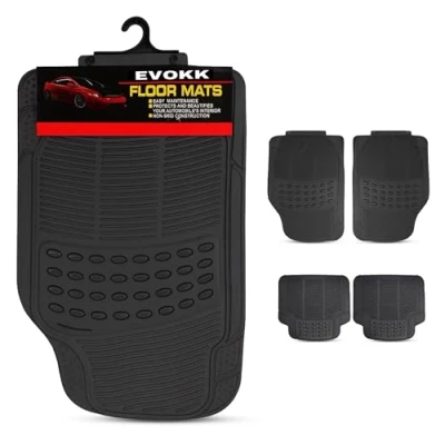 Image of EVOKK Heavy Duty 5kg Rubber Car Mats Non Slip Deep Dish Floor for Cars, SUVs, Vans &amp; Trucks Waterproof All Weather Protection (Front + Rear Set) (BLACK)