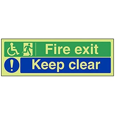 Image of V Safety Glow In The Dark Wheel Chair Fire Exit/Keep Clear Sign 300mm x 100mm Rigid Plastic