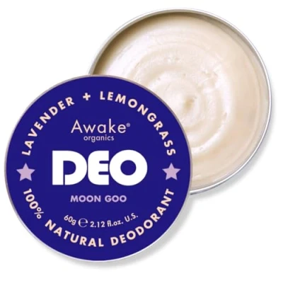 Image of Awake Organics Natural Deodorant Balm Moon Goo, 60g. Extra Strength. Lavender + Lemongrass. No Aluminium, Plastic Free, Cruelty Free. With Bicarb (Baking Soda) &amp; Beeswax. Made in England.