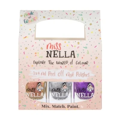 Image of Miss Nella Space And Beyond Special chrome Kids Nail Polish 3 Pack: Cosmic Cutie (gold), Shooting Star (silver) &amp; Galactic Unicorn (purple), Peel off Water Based Formula
