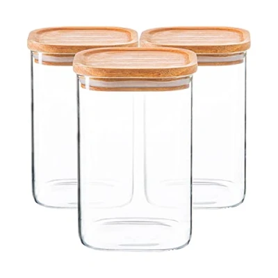 Image of Argon Tableware Square Glass Storage Jars with Airtight Wooden Lids 1100ml 6 Pack Modern Kitchen Container Preserving for Pickling, Chutney, Jam, Coffee, Olives, Sugar, Spices