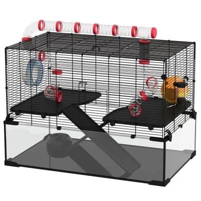 Image of PawHut Large Hamster Cage for Dwarf Rat Gerbil with Deep Glass Bottom, Tunnels, Non Slip Ramps, Platforms, Hut, Exercise Wheel, Water Bottle, Dish, 78.5 x 48.5 57cm