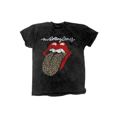 Image of The Rolling Stones T Shirt Leopard Tongue Official Unisex Black Acid Wash S