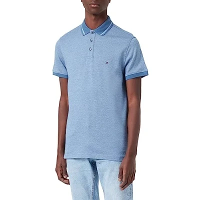 Image of Tommy Hilfiger Men Pretwist Mouline Short Sleeve Polo Shirt Slim Fit, Blue (Blue Coast/Weathered White Moulin), M